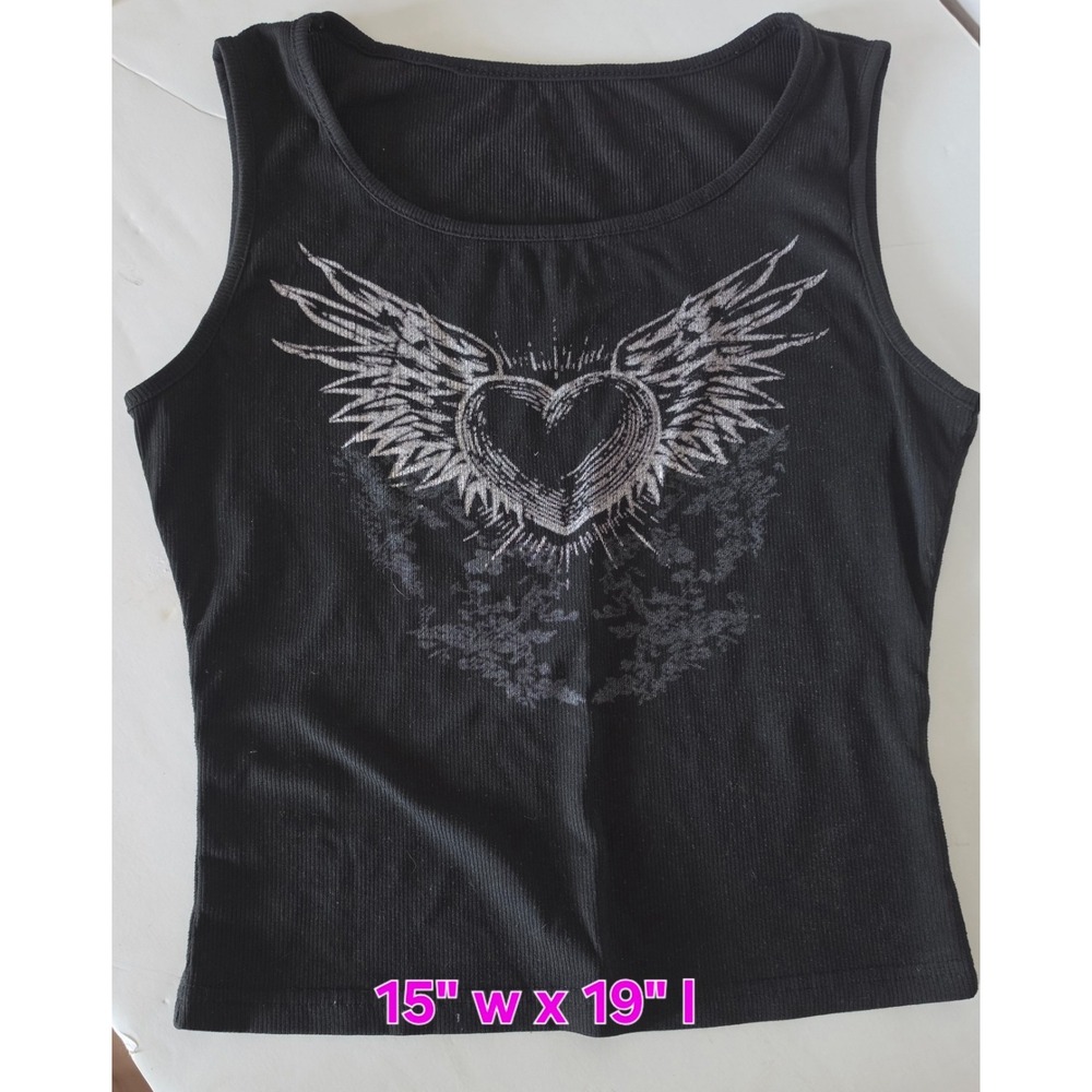 Black Heart and Wings Graphic Tank Top Sleeveless Aesthetic Crop Top Small